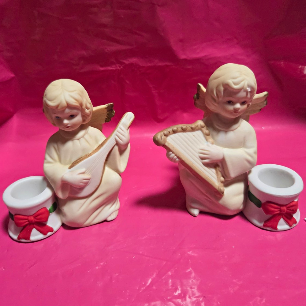 Vtg Whitney Hand Painted Porcelain Angel Christmas Candle Holders Set of 2